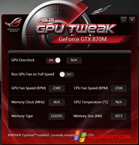 Skärmdump ASUS GPU Tweak för Windows XP