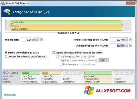 Skärmdump Acronis Disk Director för Windows XP