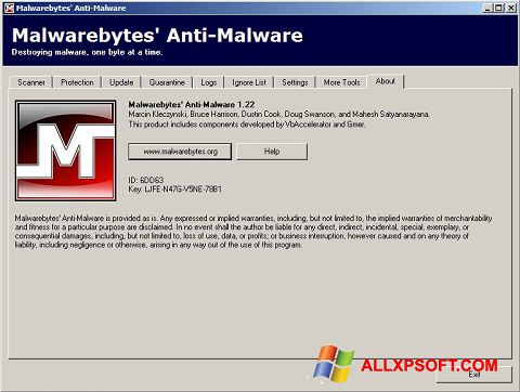 Skärmdump Malwarebytes Anti-Malware Free för Windows XP