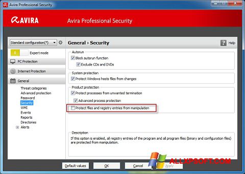 Skärmdump Avira Professional Security för Windows XP