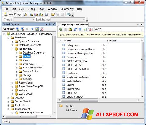 Skärmdump Microsoft SQL Server för Windows XP