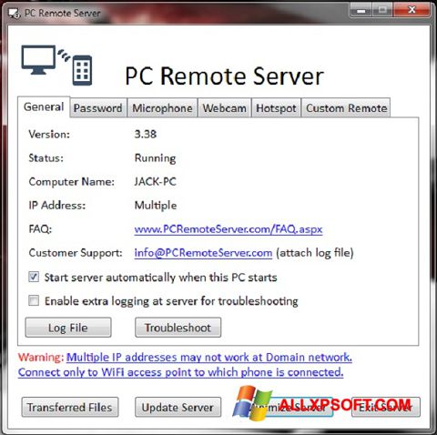 Skärmdump PC Remote Server för Windows XP