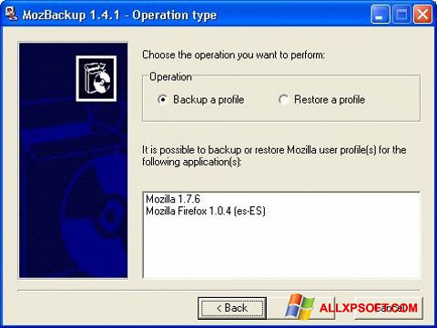 Skärmdump MozBackup för Windows XP