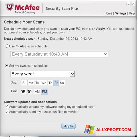 Skärmdump McAfee Security Scan Plus för Windows XP