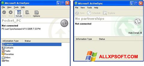 Skärmdump Microsoft ActiveSync för Windows XP