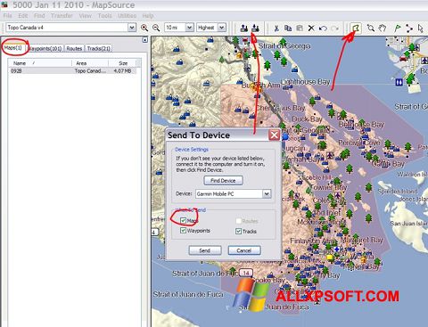 Skärmdump MapSource för Windows XP