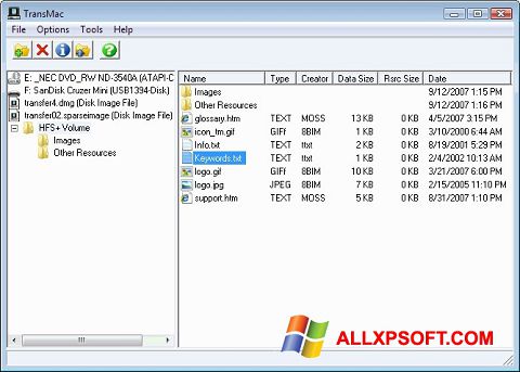Skärmdump TransMac för Windows XP