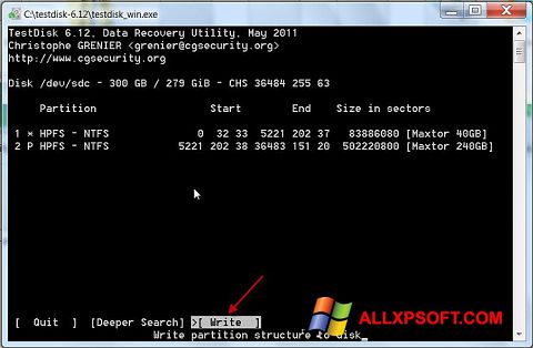 Skärmdump TestDisk för Windows XP