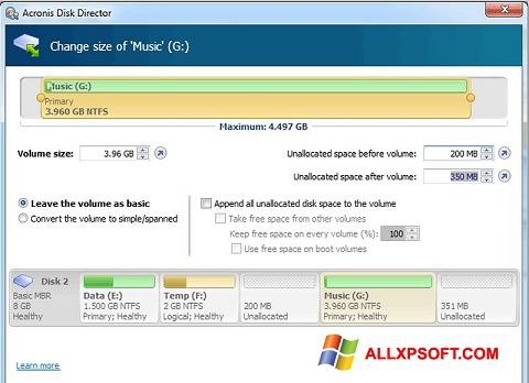 Skärmdump Acronis Disk Director Suite för Windows XP
