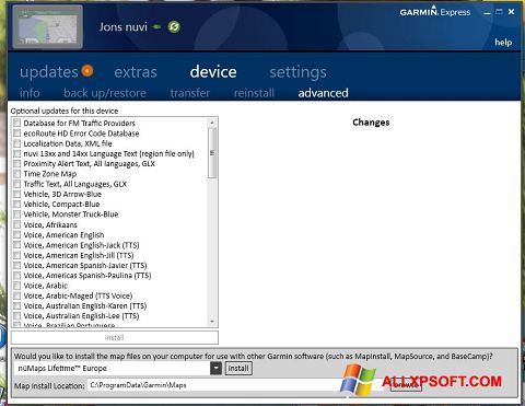 Skärmdump Garmin Express för Windows XP