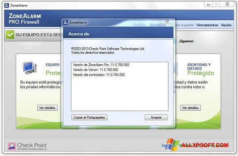 Skärmdump ZoneAlarm för Windows XP