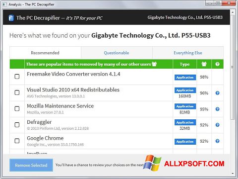 Skärmdump PC Decrapifier för Windows XP