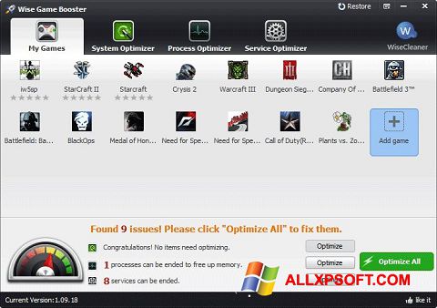 Skärmdump Wise Game Booster för Windows XP