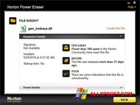 Skärmdump Norton Power Eraser för Windows XP