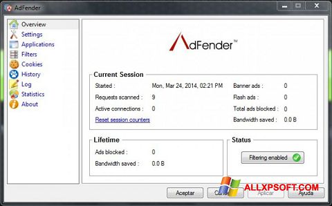 Skärmdump AdFender för Windows XP