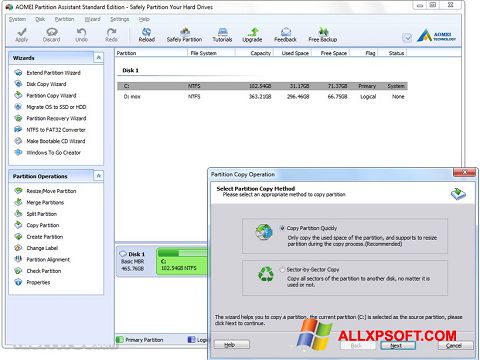 Skärmdump AOMEI Partition Assistant för Windows XP