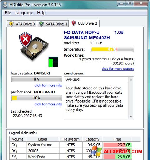 Skärmdump HDDlife för Windows XP