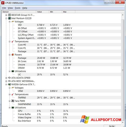 Skärmdump HWMonitor för Windows XP