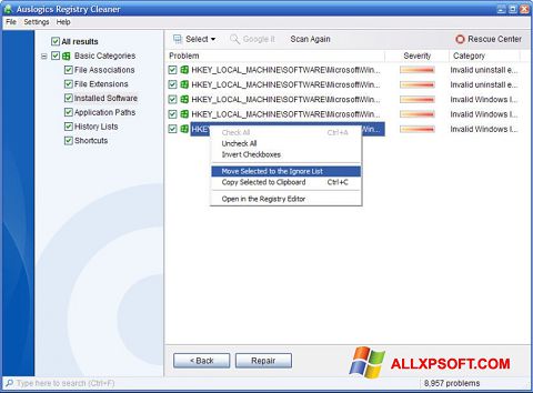 Skärmdump Auslogics Registry Cleaner för Windows XP