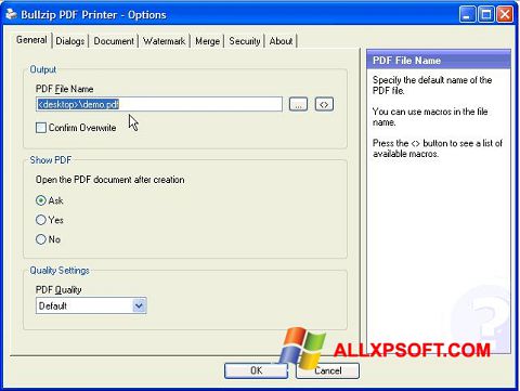 Skärmdump BullZip PDF Printer för Windows XP