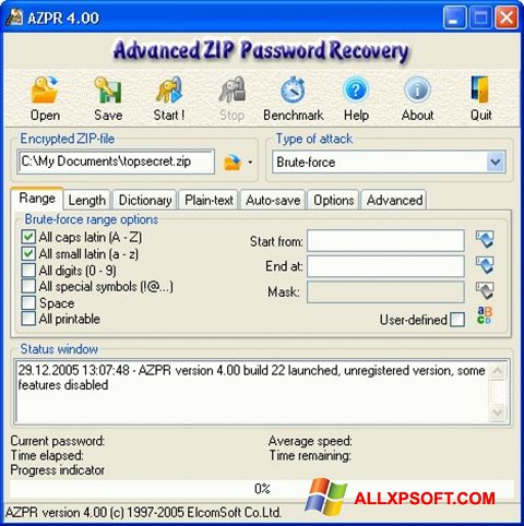 Skärmdump Advanced Archive Password Recovery för Windows XP