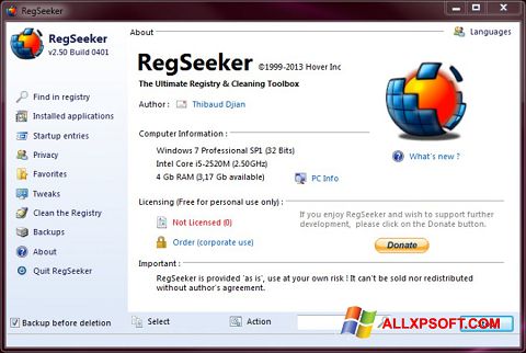 Skärmdump RegSeeker för Windows XP