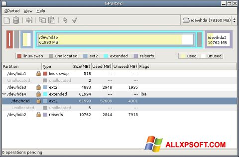 Skärmdump GParted för Windows XP