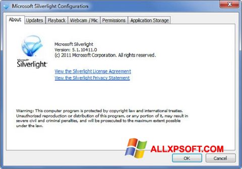 Skärmdump Microsoft Silverlight för Windows XP