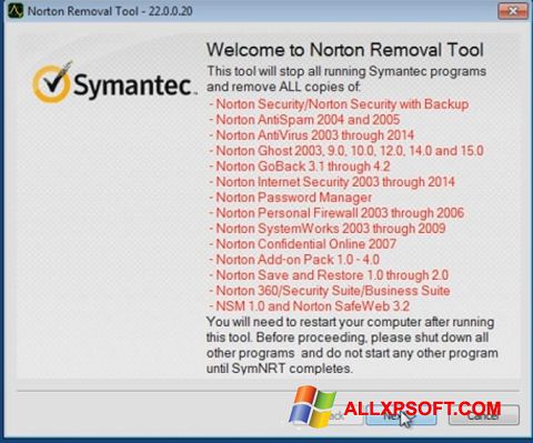 Skärmdump Norton Removal Tool för Windows XP