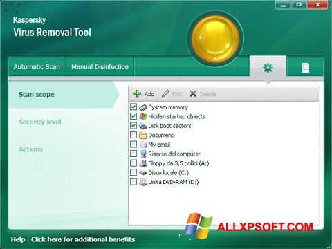 Skärmdump Kaspersky Virus Removal Tool för Windows XP