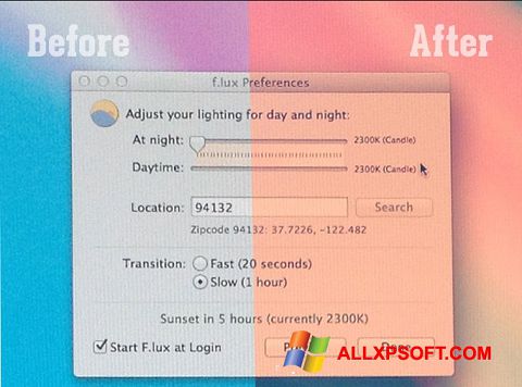 Skärmdump F.lux för Windows XP