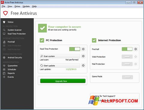 Skärmdump Avira Free Antivirus för Windows XP