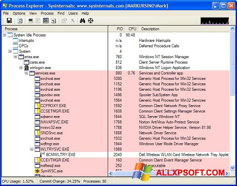 Skärmdump Process Explorer för Windows XP