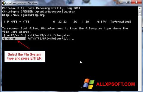 Skärmdump PhotoRec för Windows XP