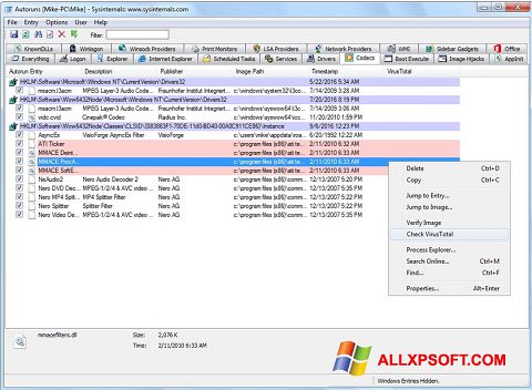 Skärmdump AutoRuns för Windows XP
