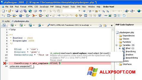 Skärmdump phpDesigner för Windows XP