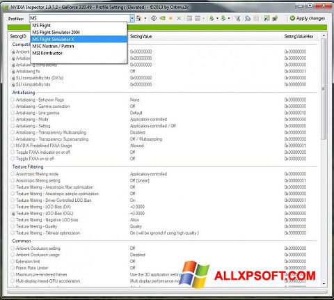 Skärmdump NVIDIA Inspector för Windows XP