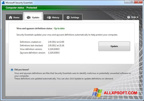 Skärmdump Microsoft Security Essentials för Windows XP
